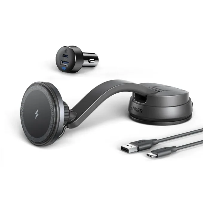 Anker PowerWave Mag-Go Car Wireless Charging Kit - with 2-Port Car Charger & USB-C to USB-A 1.5m Cable — image 1