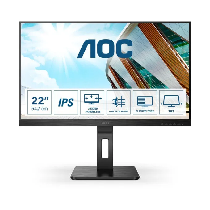 AOC 22P2Q - 21.5 inch FHD IPS Monitor - 1920x1080, 75Hz, 4ms, HDMI/DP/VGA/DVI, USB hub, Speakers, Pivot, Black — image 1