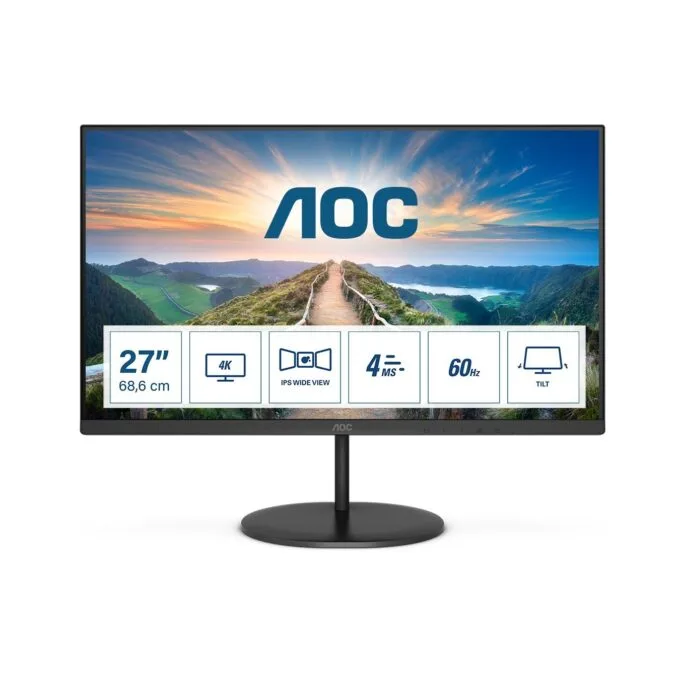 AOC 27-inch 4K IPS Monitor - U27V4EA - Flat, 60Hz, 4ms, HDMI & DP, Built-in Speakers, Black — image 1