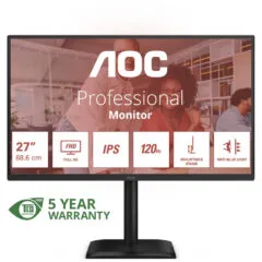 AOC 27E4U - 27-inch FHD IPS Monitor, 120Hz, 4ms GTG, HDMI/DP/VGA, 4x USB-A Hub, Height/Swivel/Pivot, Black