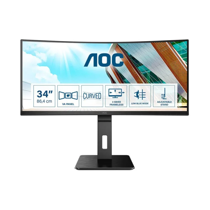 AOC CU34P2A - 34in Curved UWQHD (3440x1440) VA Monitor, 21:9, 100Hz, 1ms, HDMI/DP, 4x USB-A, Speakers, Black — image 1