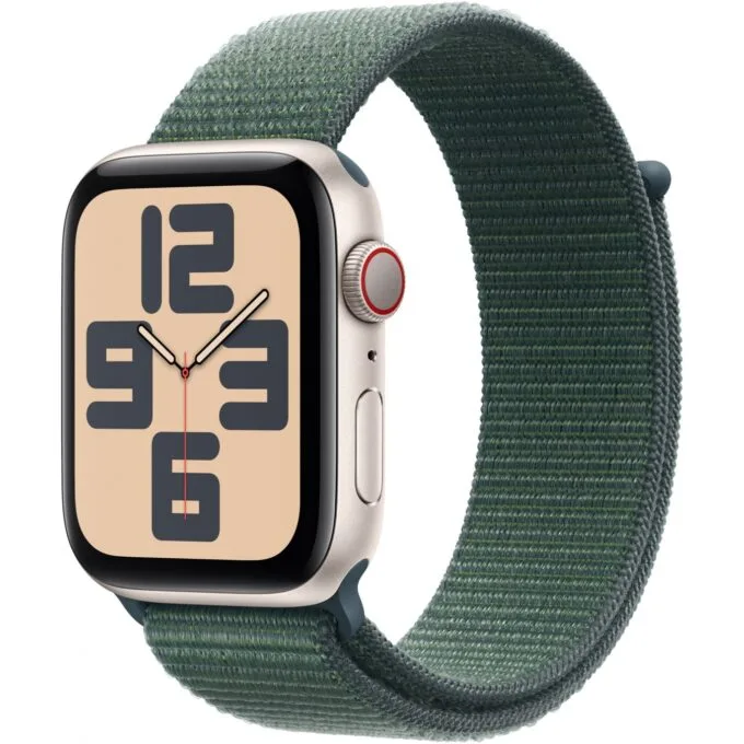 Apple Watch SE GPS + Cellular 44mm Starlight Aluminium Case with Lake Green Sport Loop - S8 - 32 GB, 2-core, watchOS 11 — image 1