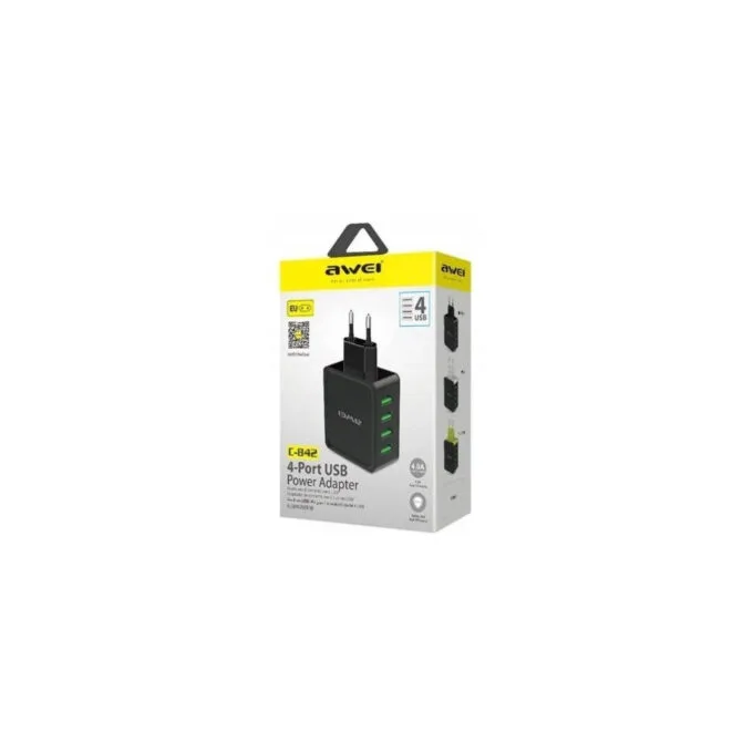 Awei C842 4-Port USB Wall Charger - 5V/4A (20W) Total, EU Plug, Black — image 2