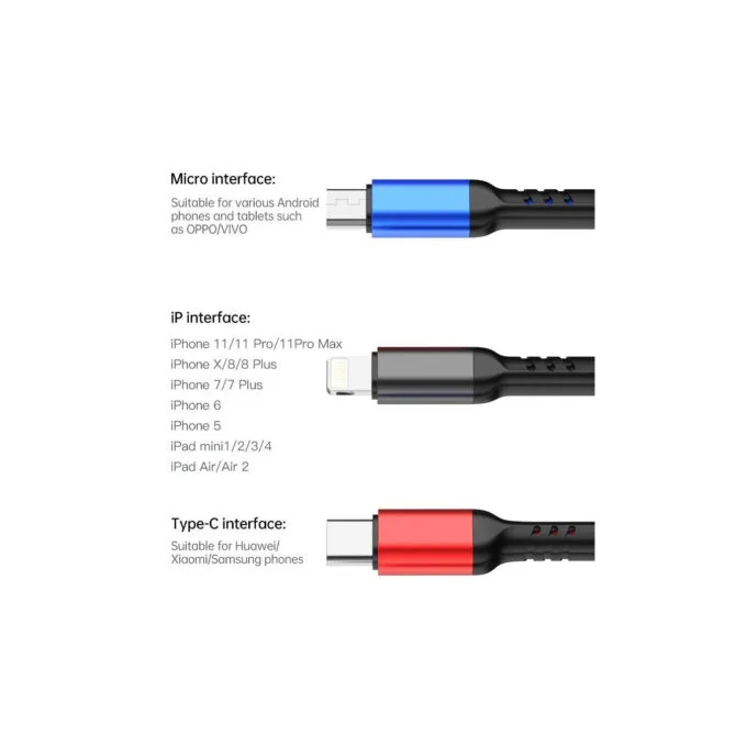 Awei CL-971 3-in-1 Fast Charging Cable - 2.4A, Lightning/Micro-USB/USB-C, 1.2m, Metal Connectors — image 3