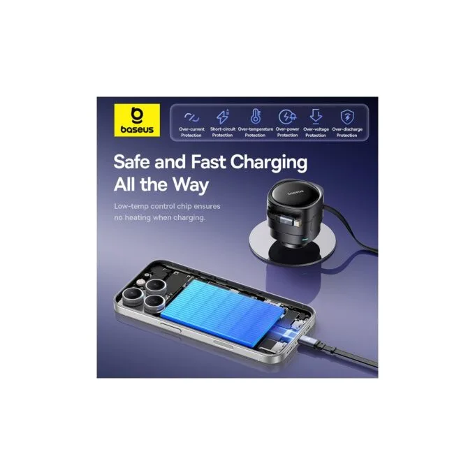 Baseus Car Charger 60W Enjoyment with Retractable Cables (C+C) Black - 60W, Retractable Cables, Black — image 3