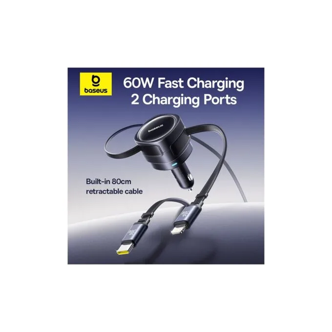 Baseus Car Charger 60W Enjoyment with Retractable Cables (C+C) Black - 60W, Retractable Cables, Black — image 4