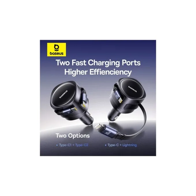Baseus Car Charger 60W Enjoyment with Retractable Cables (C+C) Black - 60W, Retractable Cables, Black — image 6
