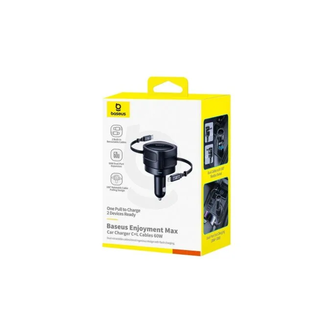 Baseus Car Charger 60W Enjoyment with Retractable Cables (C+C) Black - 60W, Retractable Cables, Black — image 7