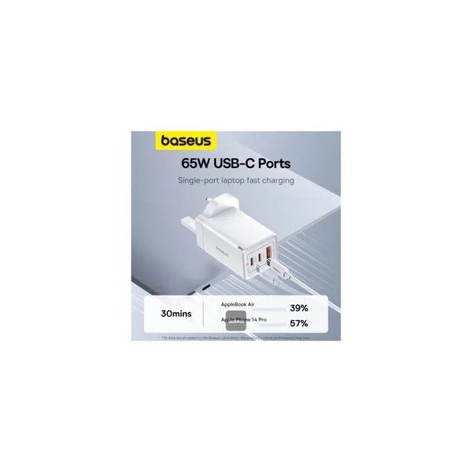 Baseus Charger Wall 65W USB-Cx2 USB-A UK+100W USB-C Cable White - 65W, USB-Cx2, USB-A, UK plug, White — image 3