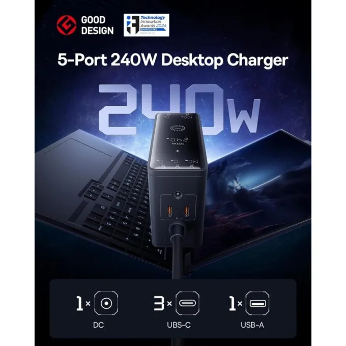 Baseus Desktop Charger 240W 3C+U+DC Touch Display & App Control incl 240W Charging Cable - Can Charge two Laptops — image 2