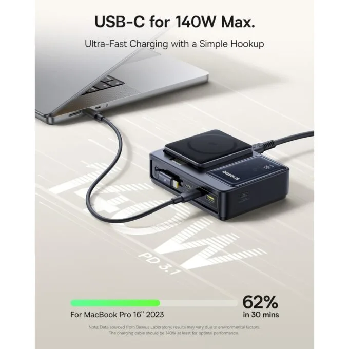 Baseus NOMOS - 5in1 Desktop 140W Wired & Wireless Charger Qi2 3xUSBC+1A with LED Display UK Plug — image 2