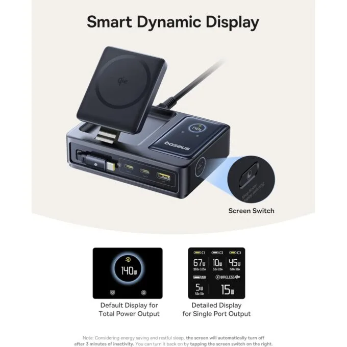 Baseus NOMOS - 5in1 Desktop 140W Wired & Wireless Charger Qi2 3xUSBC+1A with LED Display UK Plug — image 4