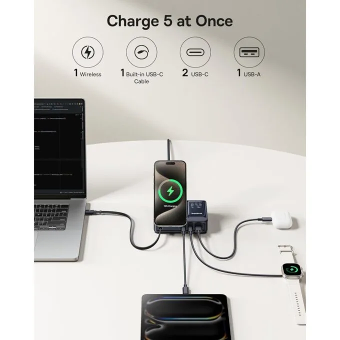 Baseus NOMOS - 5in1 Desktop 140W Wired & Wireless Charger Qi2 3xUSBC+1A with LED Display UK Plug — image 7