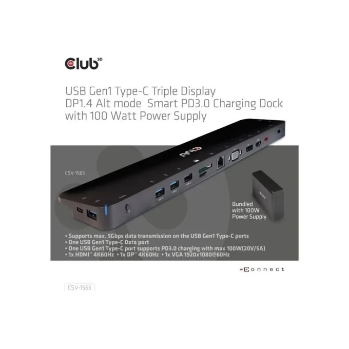 Club3D 4K ChargingDock USB-C - to 5xUSB3 DP HDMI VGA LAN 100W — image 7