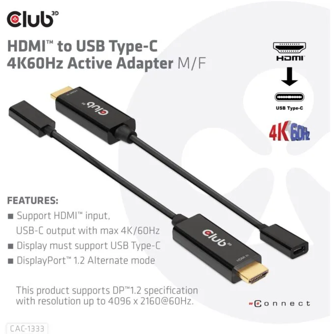 Club3D Adapter - HDMI 2.0 to USB-C 4K60Hz Active St Bu — image 3