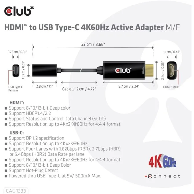 Club3D Adapter - HDMI 2.0 to USB-C 4K60Hz Active St Bu — image 4