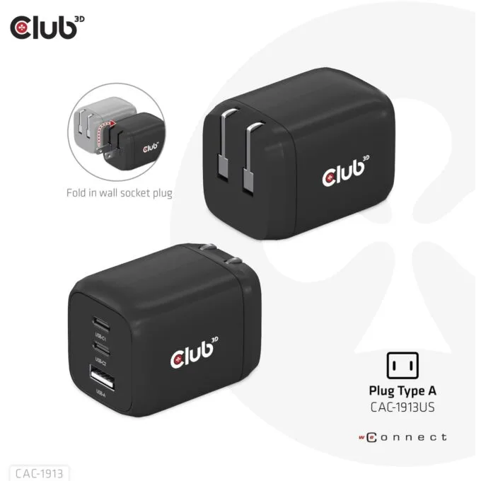 Club3D Charger - 2x USB-C, 1x USB-A, PD 65W, GaN, Retail — image 2