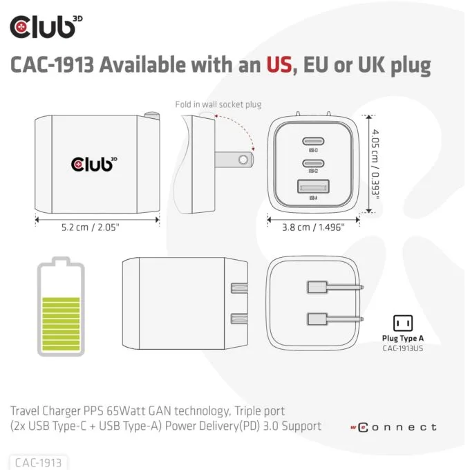 Club3D Charger - 2x USB-C, 1x USB-A, PD 65W, GaN, Retail — image 4