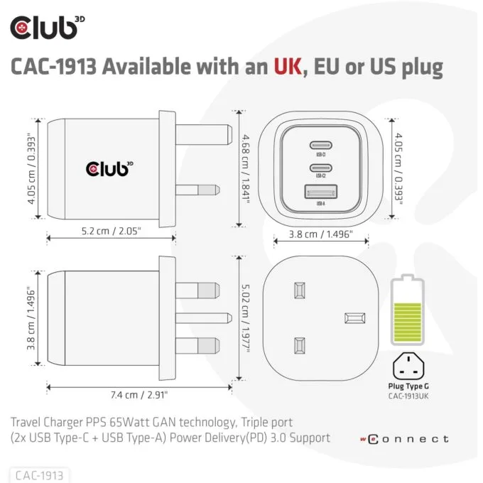 Club3D Charger - 2x USB-C, 1x USB-A, PD 65W, GaN, Retail — image 5