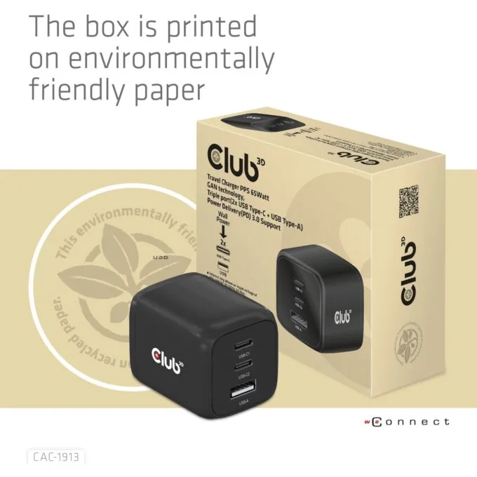 Club3D Charger - 2x USB-C, 1x USB-A, PD 65W, GaN, Retail — image 6
