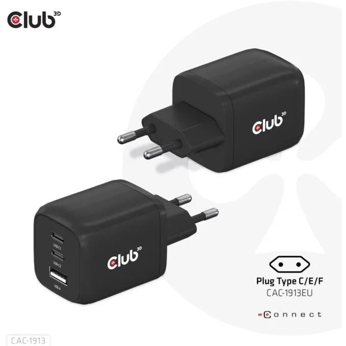 Club3D Charger - 2x USB-C, 1x USB-A, PD 65W, GaN, Retail — image 1