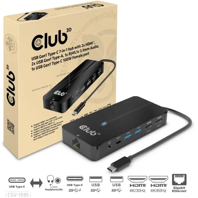Club3D USB-C 7in1-HUB - to 2xHDMI 2xUSB USB-C LAN 4K60Hz PD100W — image 2