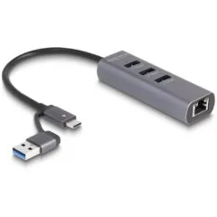 DELOCK 3-Port USB 5 Gbps Hub + Gigabit LAN with USB-C or USB-A host connector - Grey metal housing