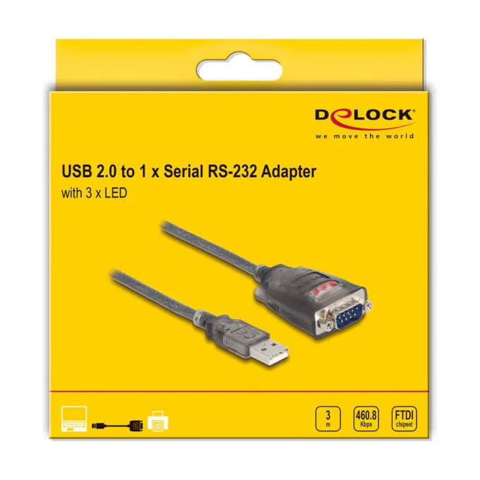 Delock Adapter USB 2.0 Typ-A zu 1 x Seriell RS-232 D-Sub 9 Pin Stecker mit Muttern mit 3 x LED 3 m — image 3