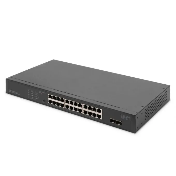 DIGITUS 24-Port Gigabit Unmanaged Switch - Grey - 2x SFP Uplinks, 370 W PoE Budget, 1U Rackmount — image 1