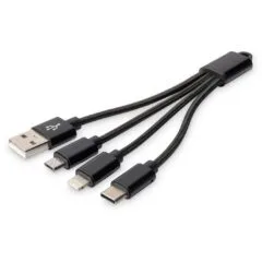 DIGITUS 3-in-1 Ladekabel USB A Lightning + Micro USB + USB-C - Black, 5 m USB 2.0 Blister