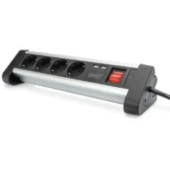 Digitus 4-Port Power Strip with 2 USB-A Ports and Switch - Black Silver