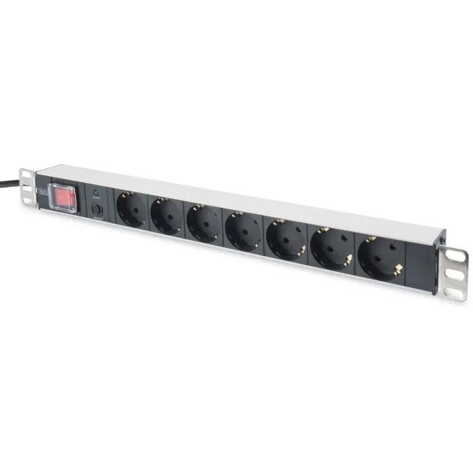 DIGITUS 7-Outlet 1U Aluminum Power Strip with Schuko Type F Plug, 2 m Lead, Overload Protection — image 1
