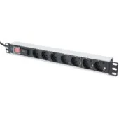 DIGITUS 7-Outlet Power Strip with 2m Lead - Type F Schuko - Silver Aluminium, On/Off Switch