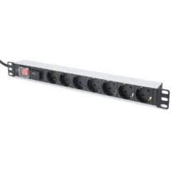 DIGITUS 7-Outlet Power Strip with 2m Lead - Type F Schuko - Silver Aluminium, On/Off Switch