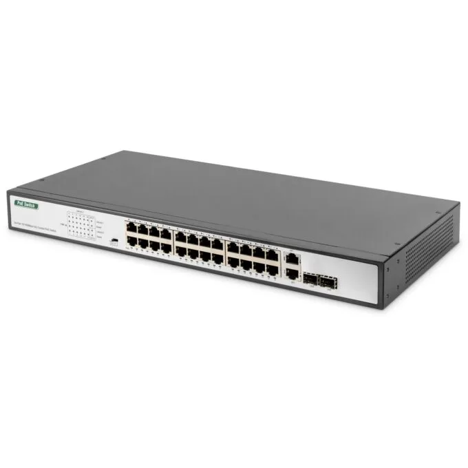 DIGITUS Switch 24-Port 10/100 PoE Unmanaged - Black - 24x PoE ports, 370 W budget, 2x combo SFP uplinks — image 1