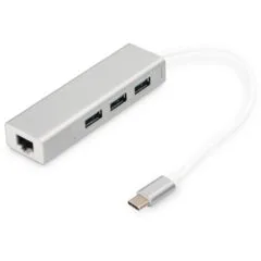 DIGITUS USB-C Hub with 3-Port USB 3.0 + Gigabit Ethernet - White