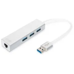 Digitus USB-Hub 3-Port USB 3.0 + 1x Gigabit LAN - Aluminium Silver/White