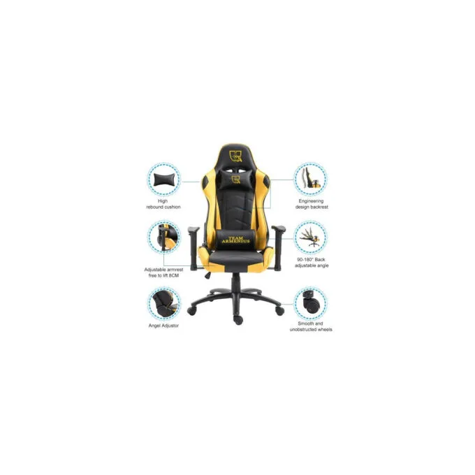 Gaming Chair Team Armenius - TA-GC001 - Black/Yellow PVC Leather, 2D Adjustable Armrests, Steel Frame, 90–180° Recline — image 2
