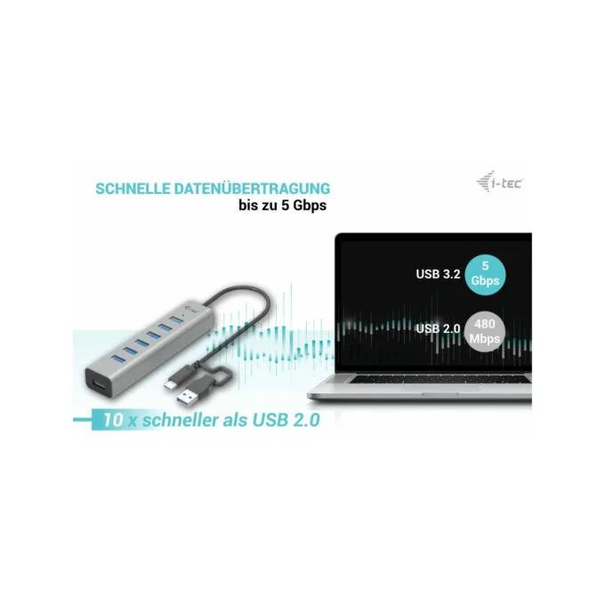 i-tec USB-C 7-Port Charging Hub - USB 3.2 Gen 1 5Gbps - Grey, 0.3m Cable — image 5