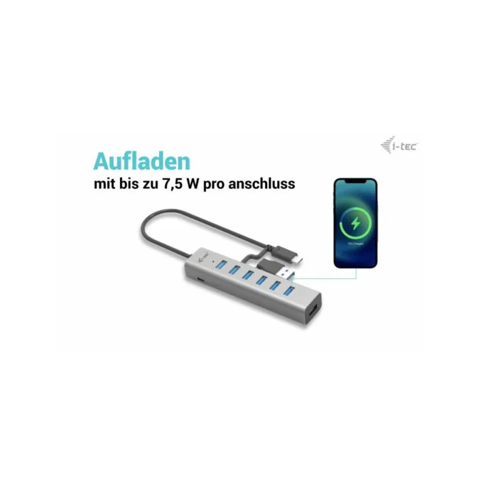 i-tec USB-C 7-Port Charging Hub - USB 3.2 Gen 1 5Gbps - Grey, 0.3m Cable — image 6