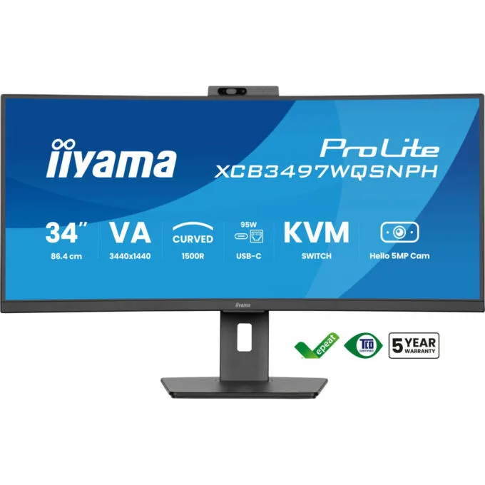 iiyama ProLite XCB3497WQSNPH - 34" (86.4cm) Curved UWQHD 21:9 VA Monitor, 120Hz, USB-C Dock, Windows Hello Camera, Black — image 2