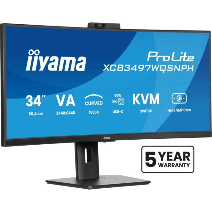 iiyama ProLite XCB3497WQSNPH - 34" (86.4cm) Curved UWQHD 21:9 VA Monitor, 120Hz, USB-C Dock, Windows Hello Camera, Black — image 1