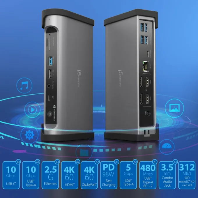 j5create Thunderbolt 4 Docking Station 15-in-1 - JTD568 - Supports 4 x 4K Displays 10Gbps with 135W PSU — image 7