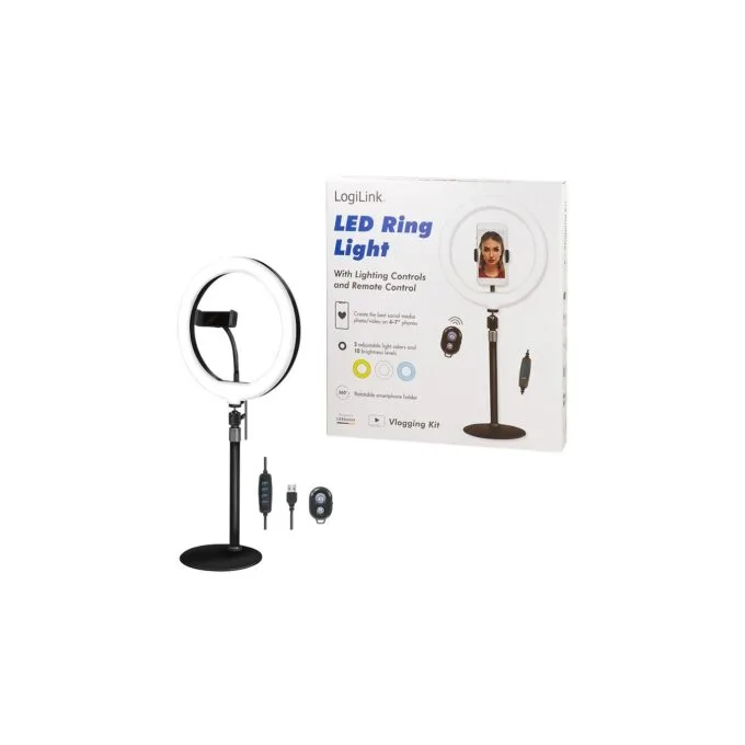 Logilink Smartphone Ring Light Tripod with Remote - Diameter 25 cm - USB-Powered — image 9