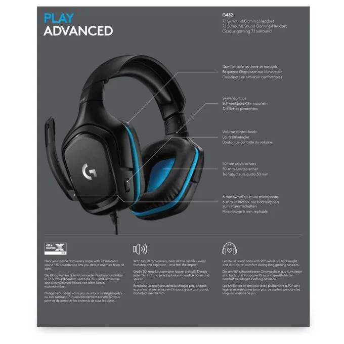 Logitech G432 Gaming Headset - 50mm Drivers DTS 7.1 - 981-000769 — image 9