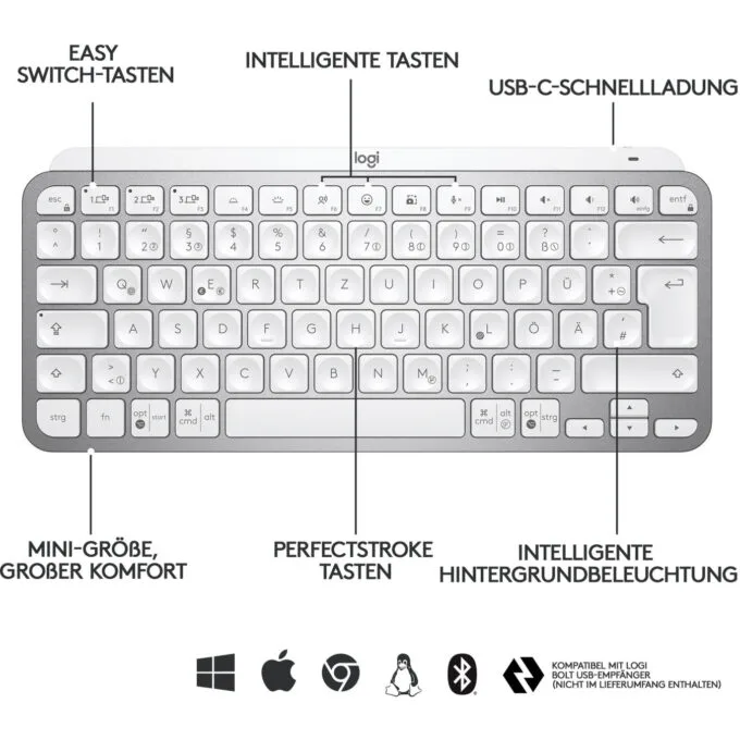 Logitech MX Keys Mini - Compact Wireless QWERTZ Keyboard - Pale Gray, LED Backlight, Bluetooth & Logi Bolt — image 3