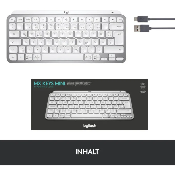 Logitech MX Keys Mini - Wireless Illuminated Compact Keyboard, Grey, 2.4GHz + Bluetooth, USB-C Rechargeable — image 7