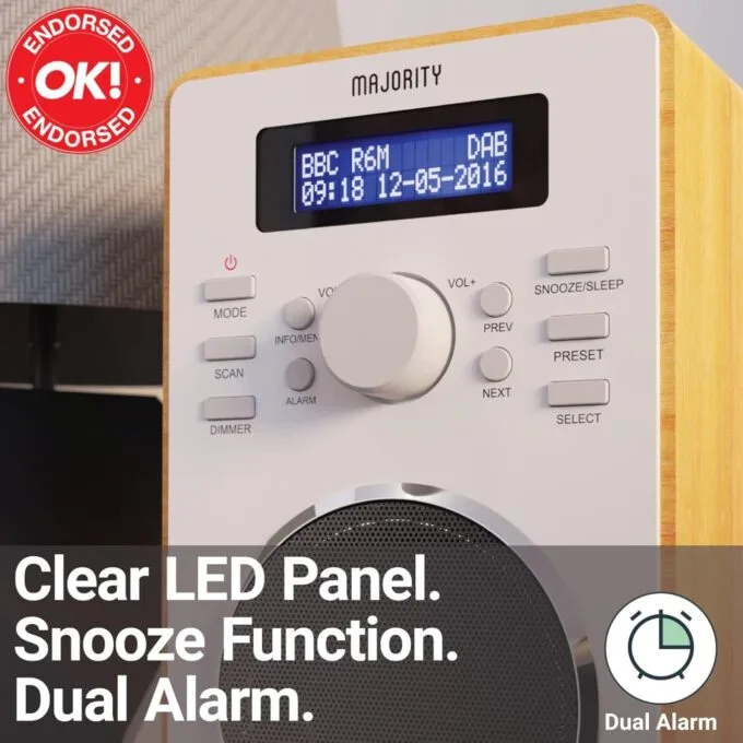 Majority Barton Radio - Digital FM, LED Display, Dual Alarms, Snooze Oak — image 4