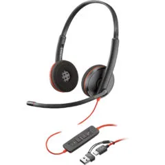 Poly Blackwire 3220 Stereo USB-C Headset 209749/209745 Black w/ USB-A Adapter