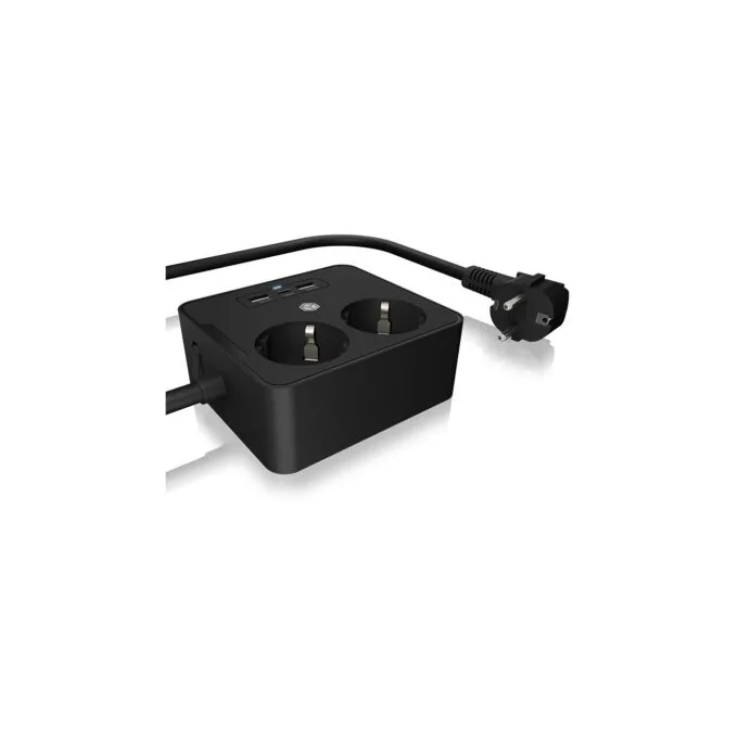 Power Strip - IB-MPS2220B-CH - Black, 1.9 m, Type F, Angled, Indoor, 2 outlets, 3 USB ports — image 1